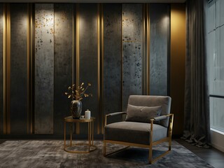Gray metal and gold wall panels for modern interior design.
