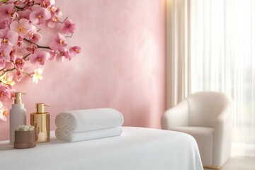 Relaxation area with soft decor featuring a massage table and elegant floral accents