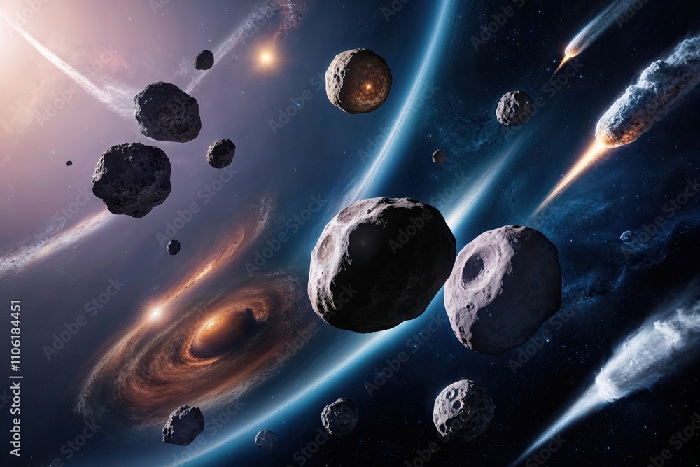 Poster collection of isolated flying asteroids and comets in space background images