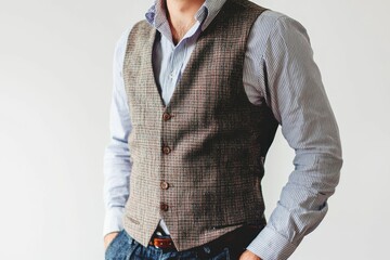 Man's torso; plaid vest, striped shirt, pants.