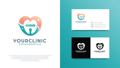 Fototapeta premium Orthodontic Logo, tooth with braces inside a heart sign