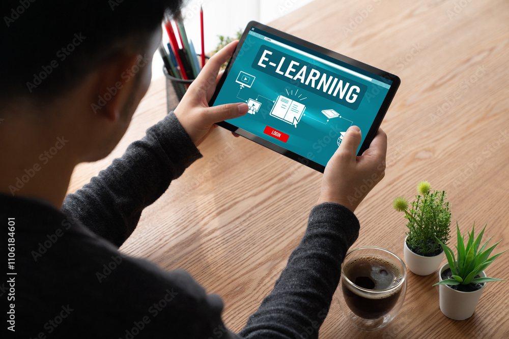 Poster e-learning website with modish sofware for student to study online on the internet network