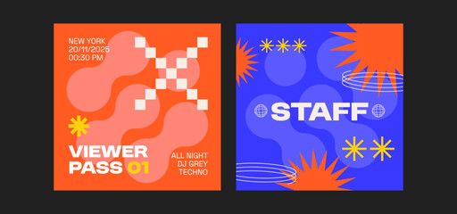 2 Retro Futuristic Y2K Event Pass Cards. Trendy hipster futuristic style in 90s style. Abstract design vector VIP, staff, viewer, artist templates.
