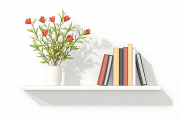 Bright and Modern Shelf Displaying Colorful Books and a Beautiful Bouquet of Flowers Against a Clean White Background for Stylish Home Decor