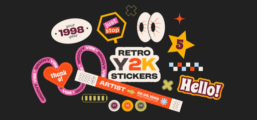 Retro Futuristic Y2K Sticker Pack with Funky playful Graphics. Different shape patches, labels, tags, stickers, bracelet stamps in retro style. Cartoon groovy stickers in grunge 90s style. 
