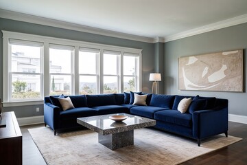 Sleek granite coffee table beside navy blue sectional sofa in stylish living room with large triple-panel window and neutral abstract wall art on soft grey walls