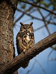 Obraz premium Great horned owl perched in a tree.