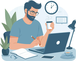 a boy is using his laptop vector