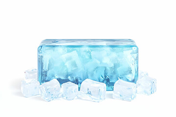 Clear and Vibrant Ice Block Surrounded by Small Ice Cubes on a Bright White Background for Beverage, Cooling, or Culinary Use in Stock Photography