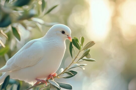 White dove perched on an olive branch during golden hour in a serene setting