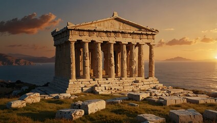 Obraz premium Greek temple glowing in sunset light overlooking the sea.