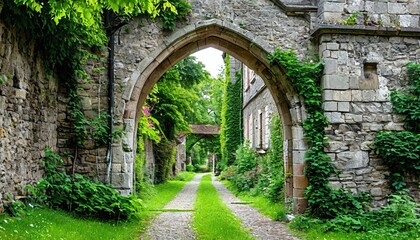 “The arch of an old castle in Europe": Stone walls, cobbled roads, narrow arch with decorative details.