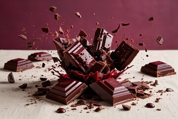 Fototapeta premium Rich Ruby Chocolate Shards Melting and Swirling on Velvety Base
