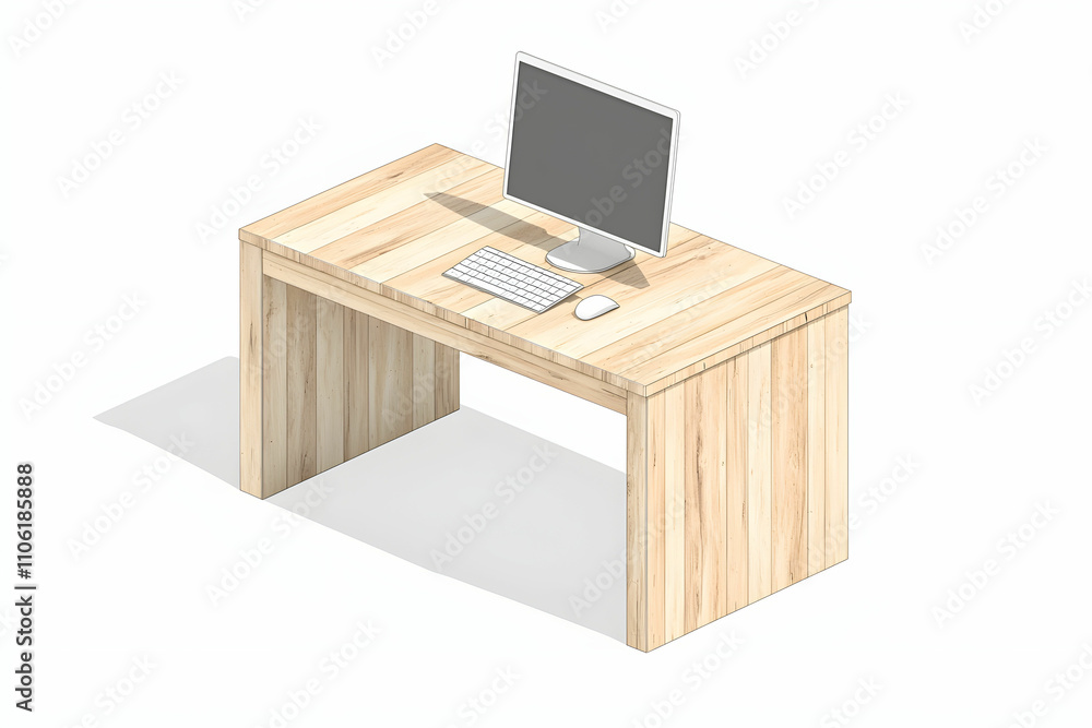 Poster minimalist desk design featuring a modern computer setup with keyboard and mouse on a light wooden s