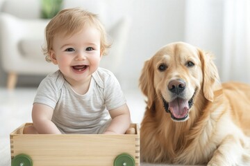 Happy child playing with a wooden toy beside a friendly golden retriever in a bright room