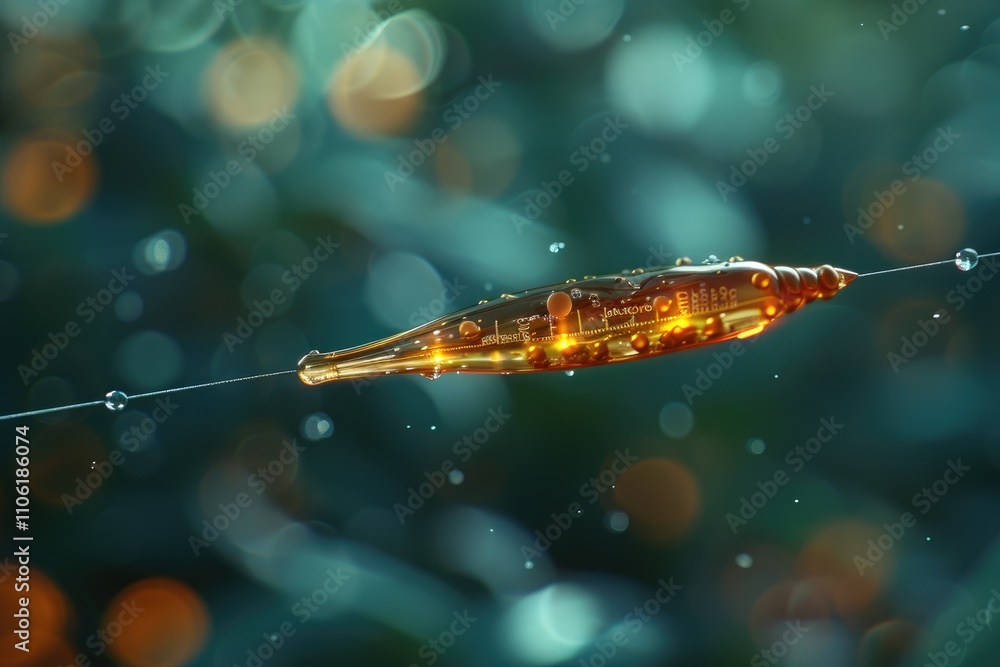 Poster a suspended drop of liquid on a thin thread with a bokeh background