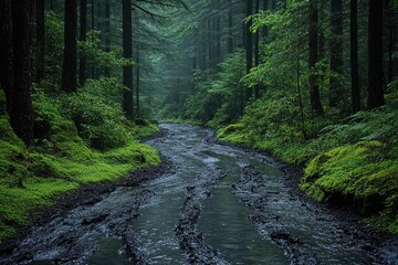 Obraz premium A Stream Winding Through a Lush, Foggy Forest