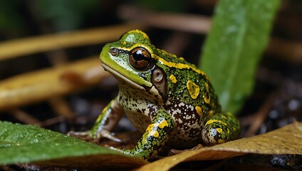 Fototapeta premium Green and yellow-patterned frog in wet leaves.