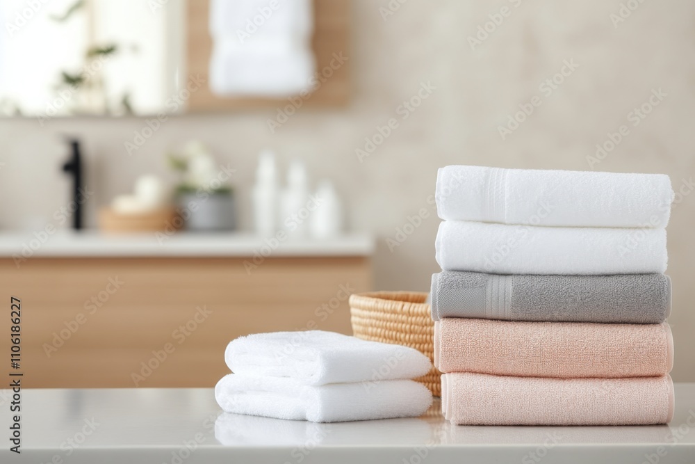 Poster spa setting with neatly stacked towels and basket of rolled towels on a tranquil surface