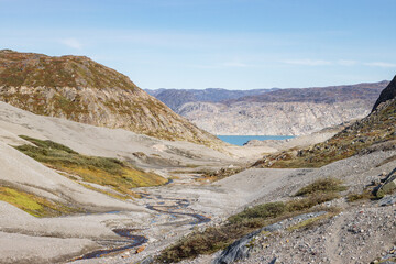 View of Qalerallit fjord and glacier in the south of Greenland