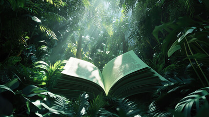 Obraz premium Open book revealing the jungle. Eco concept. Generative AI
