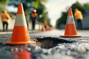 Roadwork ahead with workers and traffic cones highlighting construction safety to prevent accidents on uneven surfaces