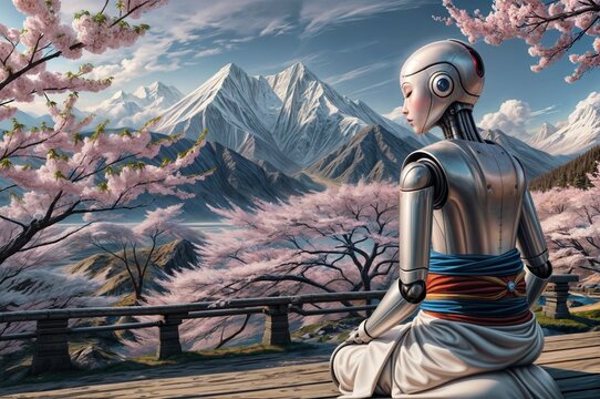 humanoid robot in kasaya with peaceful mountain scenery for use in animation, spiritual practices, or high-tech projects