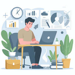 a boy is using his laptop vector