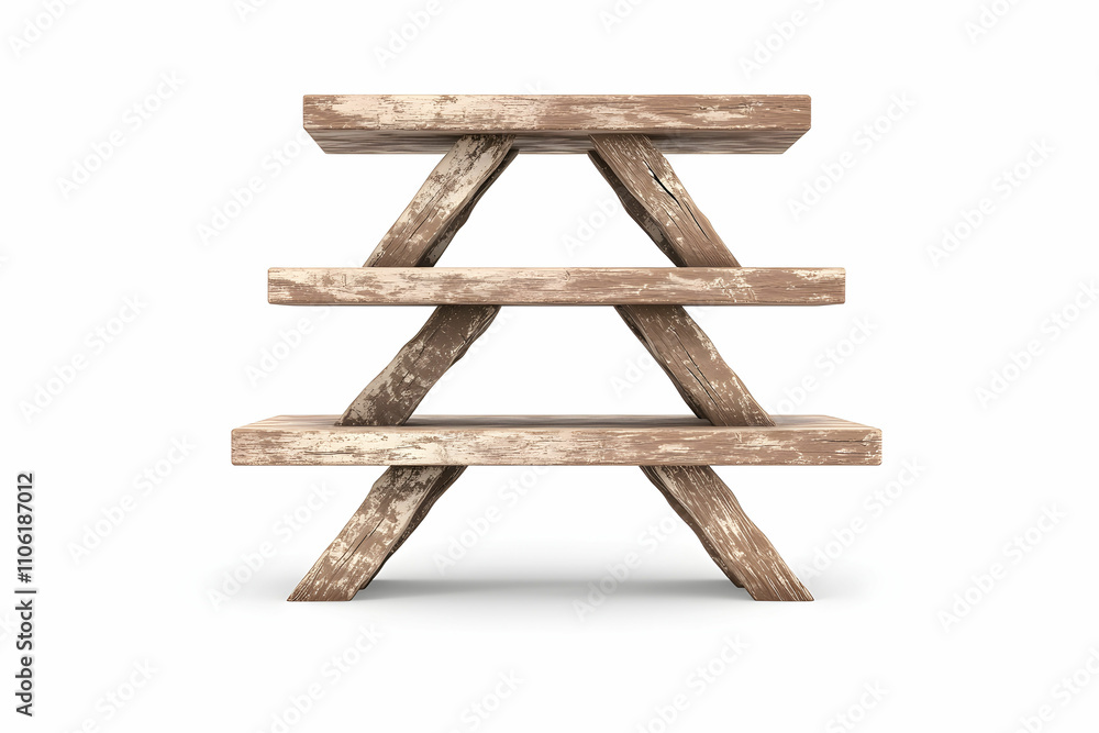 Poster rustic wooden shelf with three levels, featuring unique a-frame design for home decor and storage, p