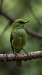 Fototapeta premium Green bird on a branch in a serene natural setting.