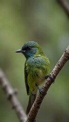 Fototapeta premium Green bird perched on a branch with a blurred background.