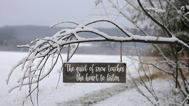 Snowy branches with wooden sign and tranquil snowy landscape in background - Powered by Adobe