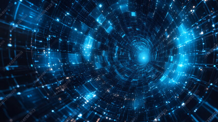 Obraz premium Glowing blue digital information flowing through futuristic rotating tunnel, big data transmission concept