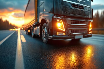 Obraz premium Black Semi-Truck Driving on a Wet Road at Sunset