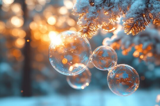 Bubbles Reflecting a Winter Sunset Through a Snow-Covered Pine Branch - Powered by Adobe