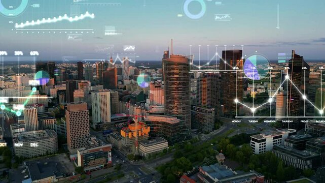 Aerial view of cityscape with overlay of stock market graphs and financial data. Modern city and statistical data concept. Business network, technology, statistics and analytics. 4k footage