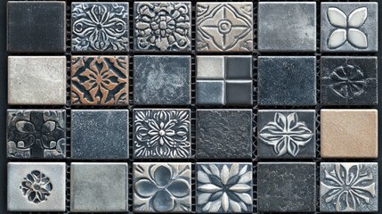 A collection of decorative tiles featuring various intricate patterns and designs.
