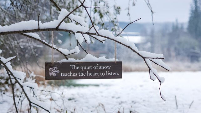 Snowy branches with wooden sign and distant building in serene landscape
