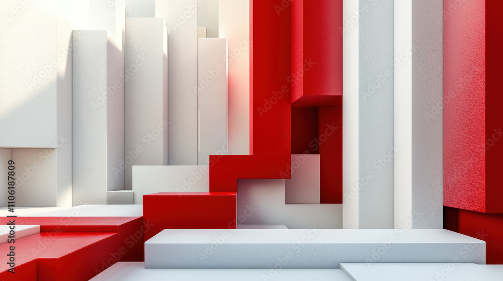 Poster abstract geometric design with red and white blocks creating a modern aesthetic, ai