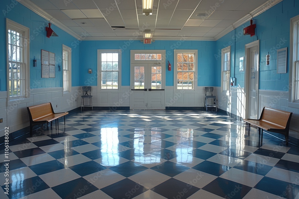 Poster checkerboard floor with reflections in an empty room