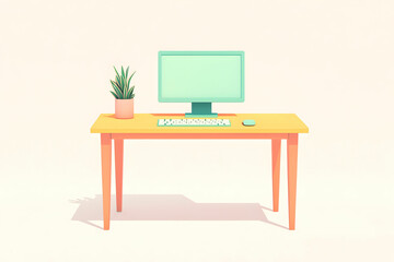 Modern Minimalist Desk Featuring a Computer, Keyboard, Mouse, and Potted Plant Set Against a Soft, Neutral Background for Contemporary Office Decor