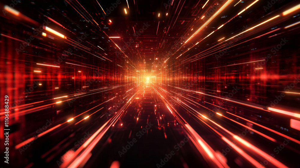 Poster vibrant red and orange light trails merge in a digital tunnel, forming a captivating and futuristic 