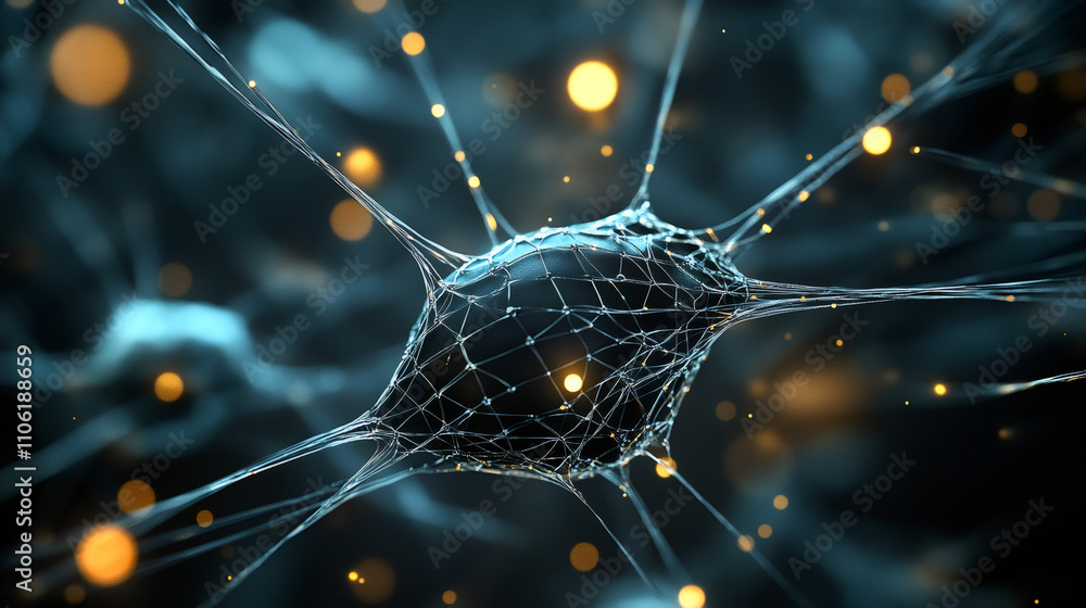 Aufkleber Neuron with 3d rendering transmitting signals across its network, illustrating the intricate communication in the nervous system