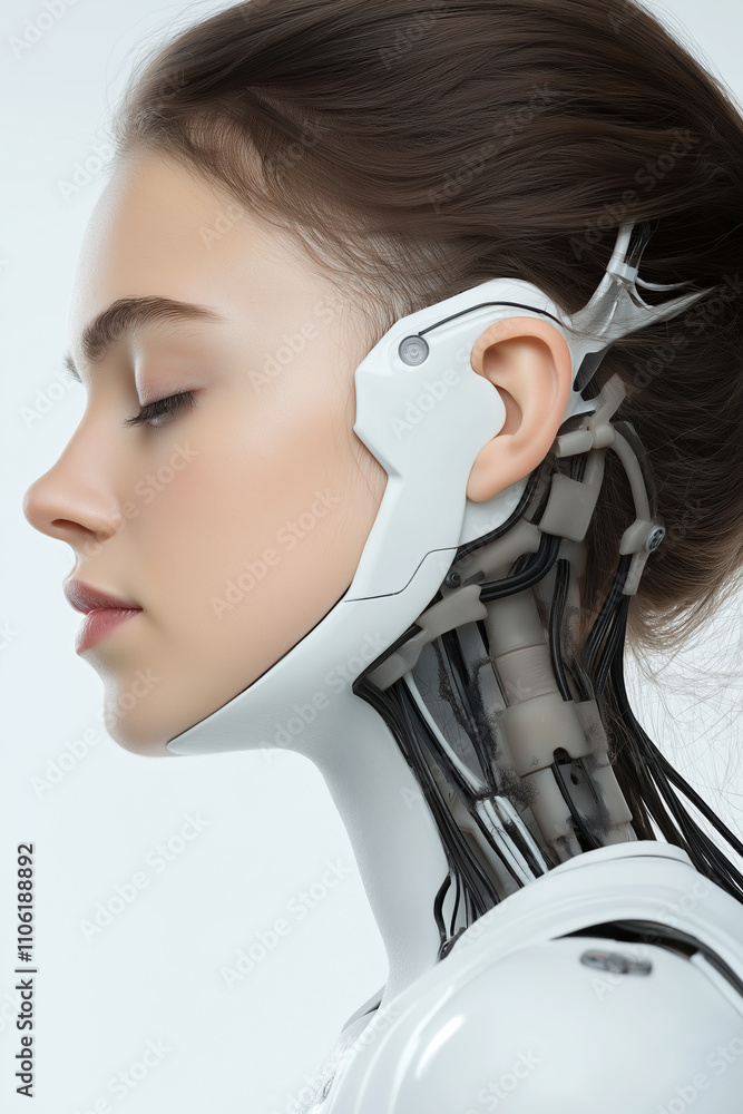 Poster futuristic humanoid robot with intricate design and realistic human features