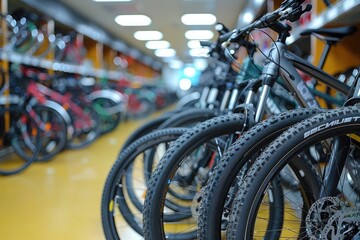 Close-up of a row of mountain bikes with black tires and disc brakes in a shop