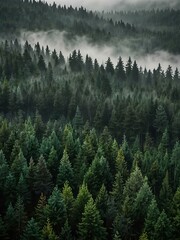 Fototapeta premium Green coniferous forest in fog.