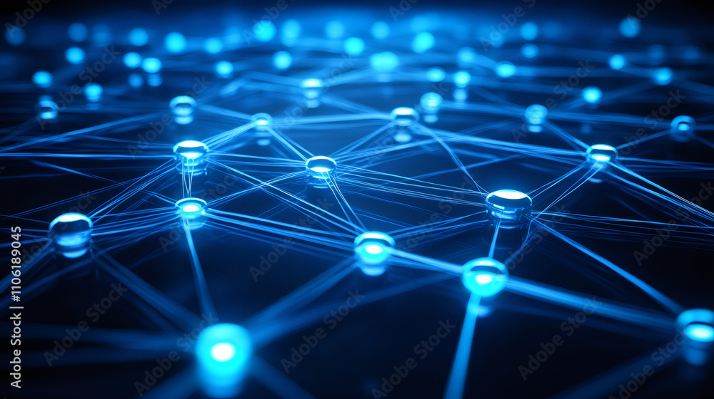 Poster futuristic network nodes connecting and glowing, symbolizing growing artificial intelligence in digi
