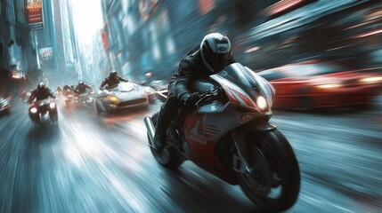 Obraz premium Futuristic motorcycle race through city streets showcasing speed and action in a dynamic urban environment, perfect for scifi concept art and highadrenaline storytelling.