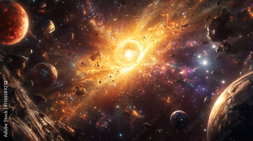 Leinwandbilder supernova causing planets and asteroids to explode, shaping a stunning cosmic scenery in deep space