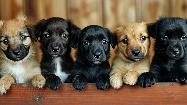 Five adorable puppies, two black, two brown, and one light brown, sit in a row looking directly at the camera, their paws resting on a wooden surface